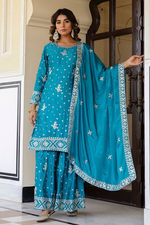 Picture of Outstanding Sky Blue Designer Sharara Suit for Festivals, Sangeet, and Parties