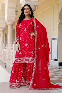 Picture of Creative Red Designer Sharara Suit for Wedding, Reception, and Festivals