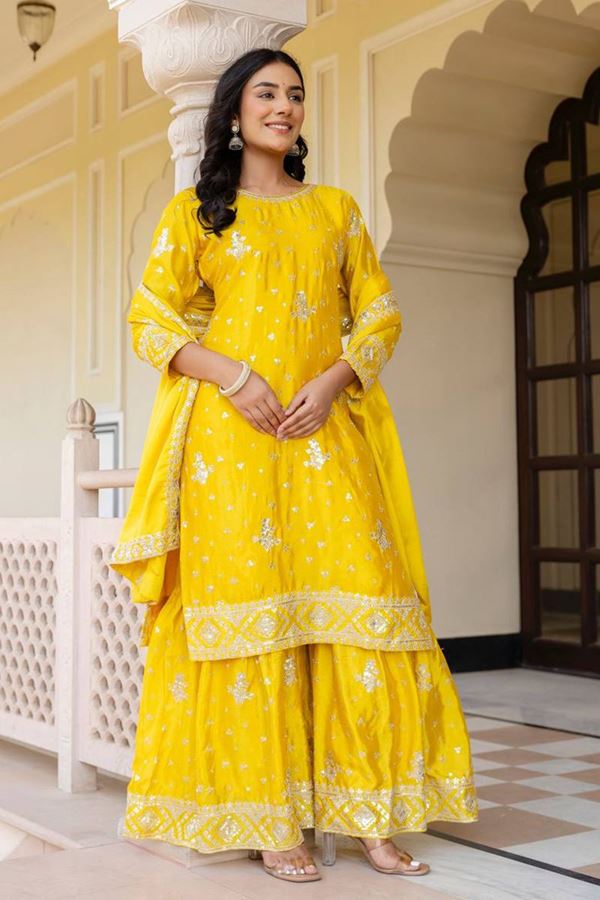 Picture of Dazzling Yellow Designer Sharara Suit for Haldi and Festivals