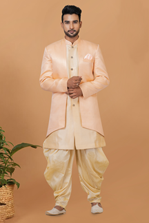 Picture of Awesome Gold and Peach Designer Men’s Indo-Western Sherwani for Engagement, Wedding, and Reception