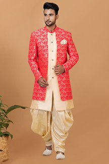 Picture of Marvelous Gold and Red Designer Men’s Indo-Western Sherwani for Engagement, Wedding, and Reception