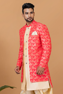Picture of Marvelous Gold and Red Designer Men’s Indo-Western Sherwani for Engagement, Wedding, and Reception