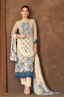Picture of Spectacular Cream and Blue Designer Straight Cut Suit for Festivals, Sangeet, and Parties