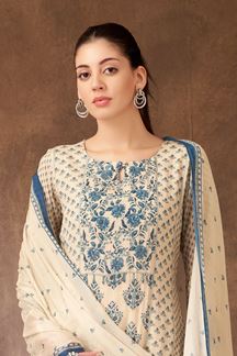 Picture of Spectacular Cream and Blue Designer Straight Cut Suit for Festivals, Sangeet, and Parties