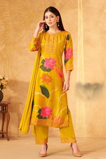 Picture of Amazing Mustard Designer Straight Cut Suit for Festivals, Haldi, and Parties