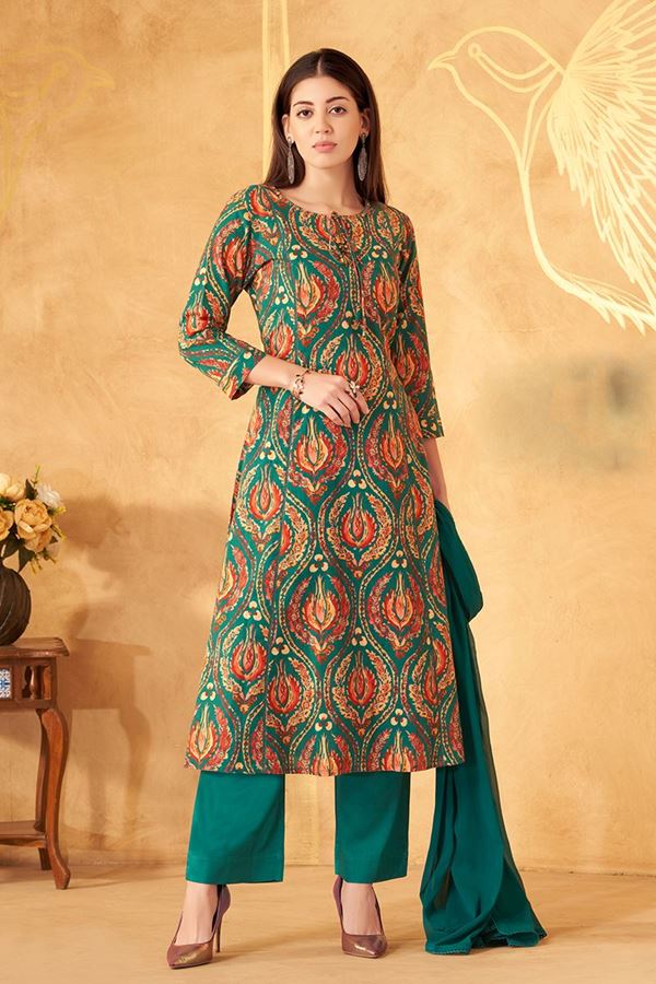 Picture of Pretty Teal Designer Straight Cut Suit for Festivals, Sangeet, and Parties