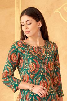 Picture of Pretty Teal Designer Straight Cut Suit for Festivals, Sangeet, and Parties