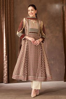 Picture of Surreal Cream and Maroon Designer A-Line Suit for Festivals, Sangeet, and Parties