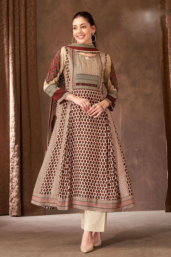 Picture of Surreal Cream and Maroon Designer A-Line Suit for Festivals, Sangeet, and Parties