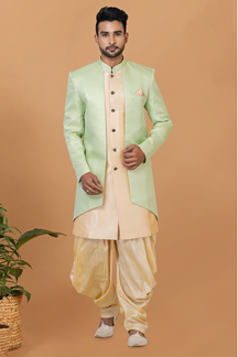 Picture of Fancy Cream and Green Designer Men’s Indo-Western Sherwani for Engagement, Wedding, and Reception