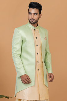 Picture of Fancy Cream and Green Designer Men’s Indo-Western Sherwani for Engagement, Wedding, and Reception