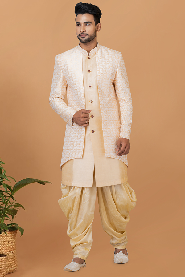 Picture of Elegant Cream and Off-White Designer Men’s Indo-Western Sherwani for Engagement, Wedding, and Reception