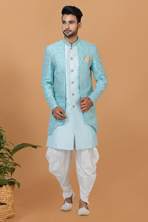 Picture of Stylish Sky Blue and White Designer Men’s Indo-Western Sets for Engagement, Wedding, and Reception