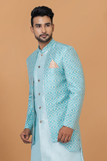 Picture of Stylish Sky Blue and White Designer Men’s Indo-Western Sets for Engagement, Wedding, and Reception