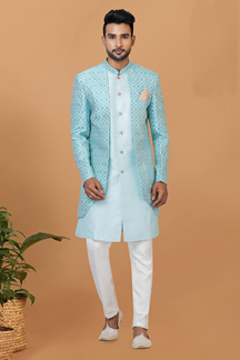 Picture of Aesthetic Sky Blue and White Designer Men’s Indo-Western Sets for Engagement, Wedding, and Reception