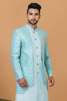 Picture of Aesthetic Sky Blue and White Designer Men’s Indo-Western Sets for Engagement, Wedding, and Reception