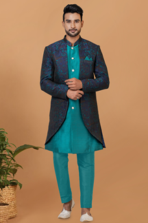 Picture of Captivating Green and Blue Designer Men’s Indo-Western Sets for Engagement, Wedding, and Reception