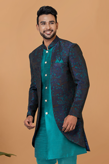 Picture of Captivating Green and Blue Designer Men’s Indo-Western Sets for Engagement, Wedding, and Reception