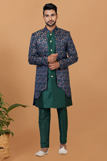 Picture of Charismatic Rama Green and Blue Designer Men’s Indo-Western Sets for Engagement, Wedding, and Reception