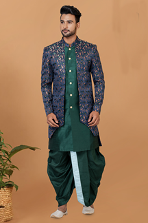 Picture of Spectacular Rama Green and Blue Designer Men’s Indo-Western Sets for Engagement, Wedding, and Reception
