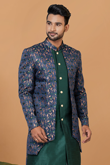 Picture of Spectacular Rama Green and Blue Designer Men’s Indo-Western Sets for Engagement, Wedding, and Reception