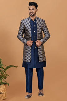 Picture of Magnificent Navy Blue Designer Men’s Indo-Western Sets for Engagement, Wedding, and Reception