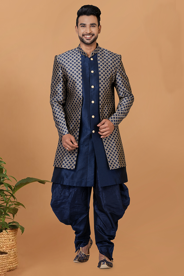 Picture of Impressive Navy Blue Designer Men’s Indo-Western Sets for Engagement, Wedding, and Reception