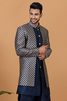 Picture of Impressive Navy Blue Designer Men’s Indo-Western Sets for Engagement, Wedding, and Reception