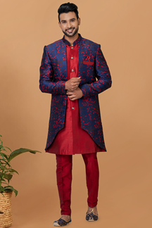 Picture of Delightful Red and Navy Blue Designer Men’s Indo-Western Sets for Engagement, Wedding, and Reception