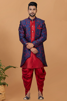 Picture of Exquisite Red and Navy Blue Designer Men’s Indo-Western Sets for Engagement, Wedding, and Reception