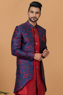 Picture of Exquisite Red and Navy Blue Designer Men’s Indo-Western Sets for Engagement, Wedding, and Reception