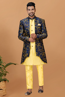 Picture of Charming Yellow and Navy Blue Designer Men’s Indo-Western Sets for Haldi, Engagement, Wedding, and Reception