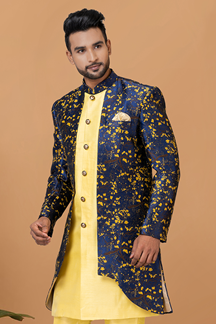 Picture of Charming Yellow and Navy Blue Designer Men’s Indo-Western Sets for Haldi, Engagement, Wedding, and Reception