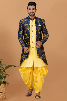 Picture of Exuberant Yellow and Navy Blue Designer Men’s Indo-Western Sets for Haldi, Engagement, Wedding, and Reception