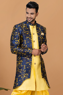 Picture of Exuberant Yellow and Navy Blue Designer Men’s Indo-Western Sets for Haldi, Engagement, Wedding, and Reception