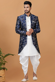 Picture of Classy White and Navy Blue Designer Men’s Indo-Western Sets for Engagement, Festivals, and Reception