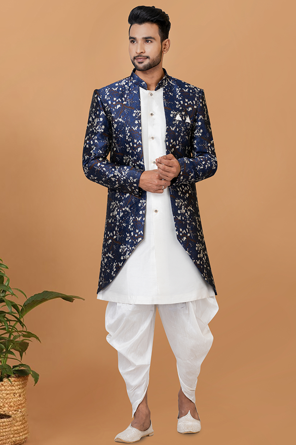 Picture of Classy White and Navy Blue Designer Men’s Indo-Western Sets for Engagement, Festivals, and Reception