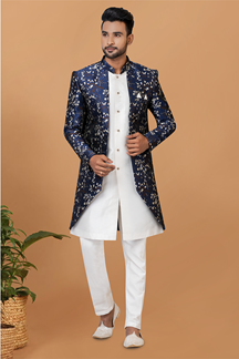 Picture of Artistic White and Navy Blue Designer Men’s Indo-Western Sets for Engagement, Festivals, and Reception