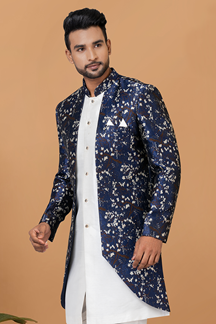 Picture of Artistic White and Navy Blue Designer Men’s Indo-Western Sets for Engagement, Festivals, and Reception