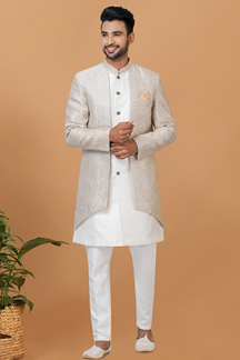 Picture of Enticing Off-White and Beige Designer Men’s Indo-Western Sets for Engagement, Festivals, and Reception