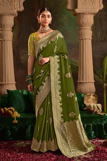 Picture of  Pretty Pure Crepe Dola Silk Designer Saree for Mehendi, Reception, and Parties