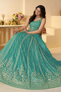 Picture of Enticing Sky Blue Designer Indo-Western Lehenga Choli for Engagement, Reception, and Wedding