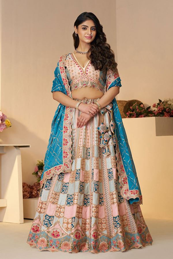 Picture of Gorgeous Sky Blue and Peach Designer Bridal Lehenga Choli for Engagement, Reception, and Pre-Wedding Shoot