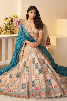 Picture of Gorgeous Sky Blue and Peach Designer Bridal Lehenga Choli for Engagement, Reception, and Pre-Wedding Shoot