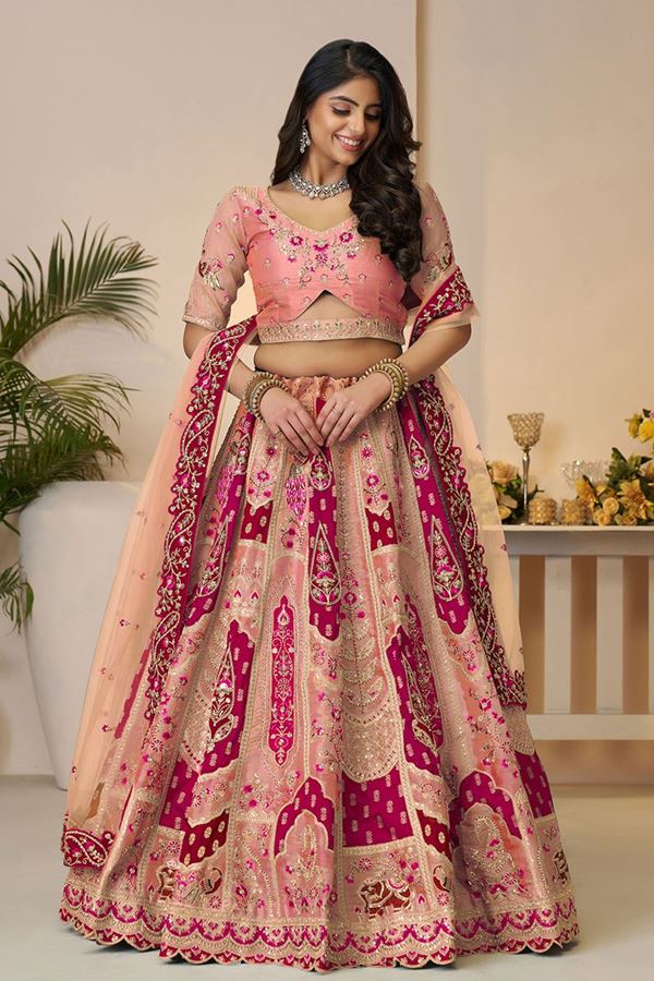 Picture of Magnificent Orange and Pink Designer Bridal Lehenga Choli for Engagement, Reception, and Sangeet