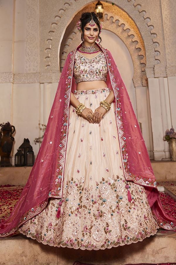 Picture of Ethnic Cream Designer Indo-Western Lehenga Choli for Engagement and Reception
