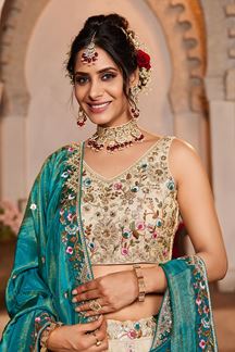 Picture of Exuberant Cream Designer Indo-Western Lehenga Choli for Engagement and Reception