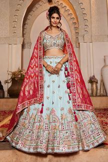 Picture of Smashing Blue Designer Indo-Western Lehenga Choli for Engagement, Wedding, and Reception