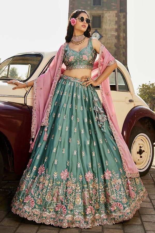 Picture of Outstanding Lime Green Designer Indo-Western Lehenga Choli for Engagement, Wedding, and Reception