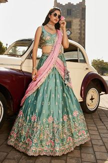 Picture of Outstanding Lime Green Designer Indo-Western Lehenga Choli for Engagement, Wedding, and Reception